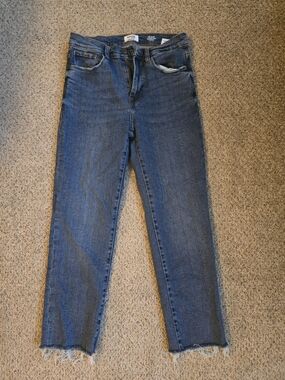 Kensie Straight-Leg Raw Hem Blue Jeans